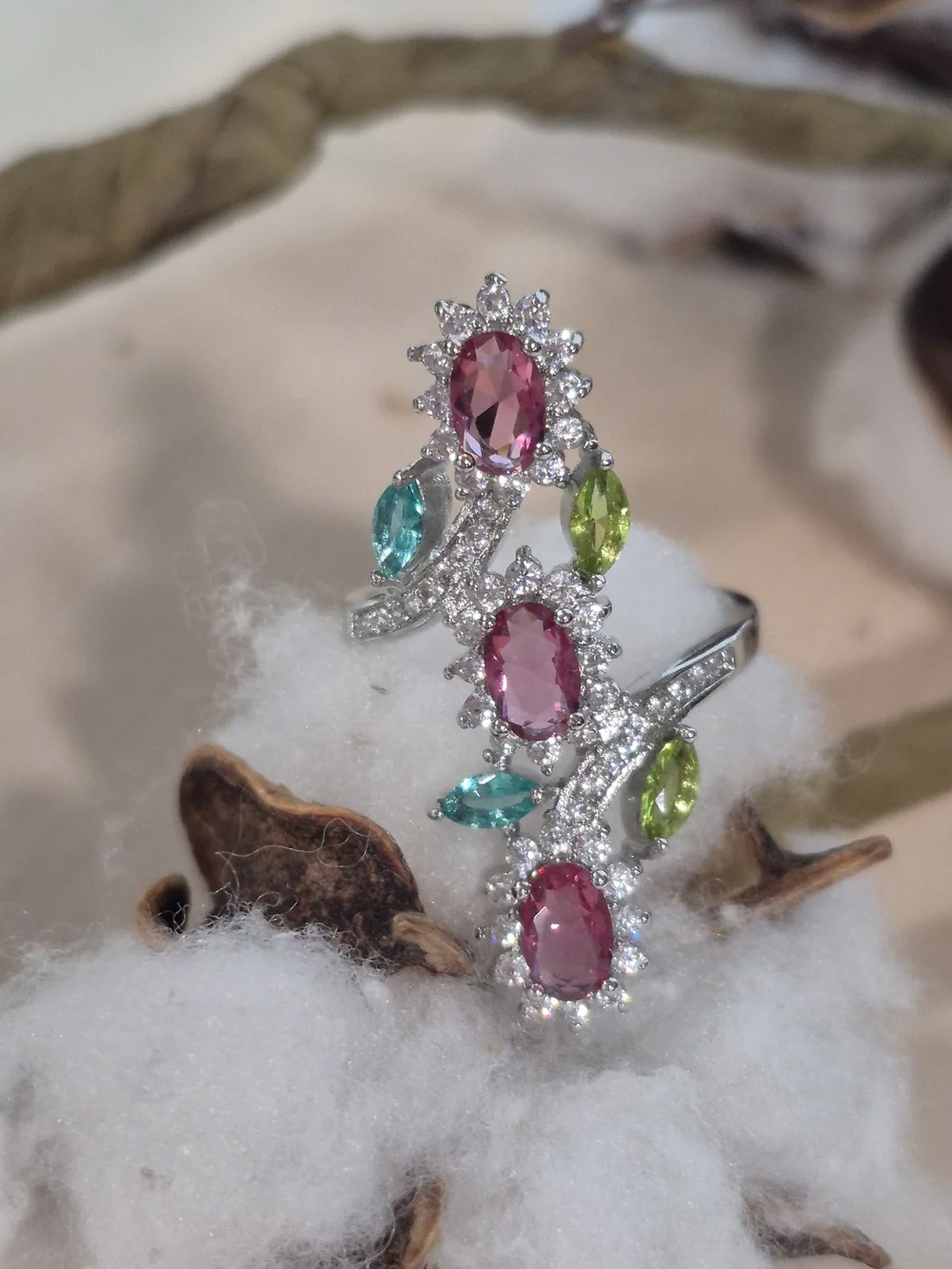 💚🩷NEW💚🩷 STUNNING!! PINK MORGANITE, AQUAMARINE, PERIDOT & CZ'S Ring